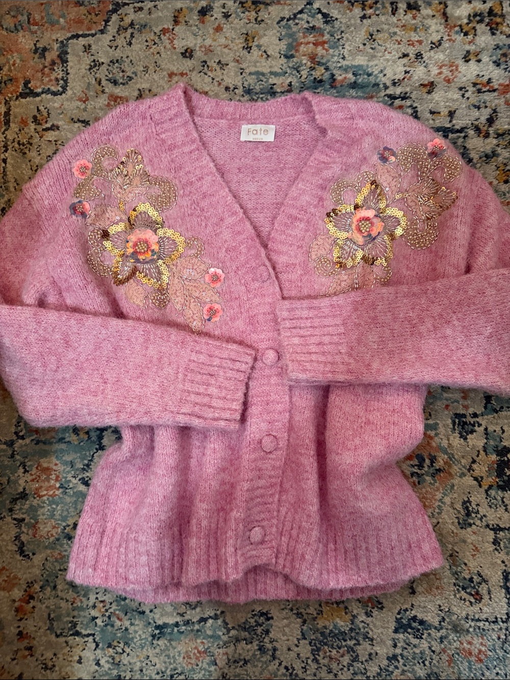 Fate Pink Floral Sequin Embellished V-Neck Cardigan